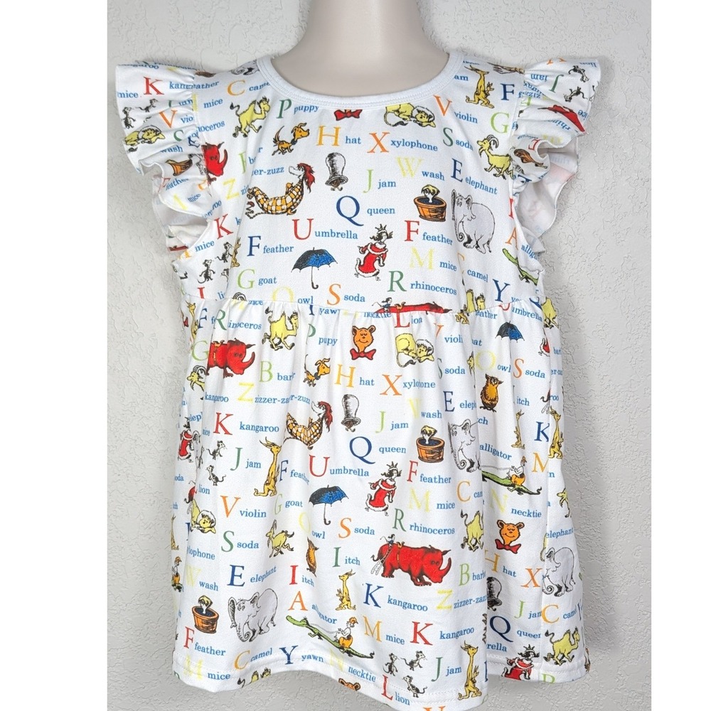 Dr Seuss Alphabet Dress Girls 6 White Ruffle Sleeve Tunic Book Week ABCs SOFT